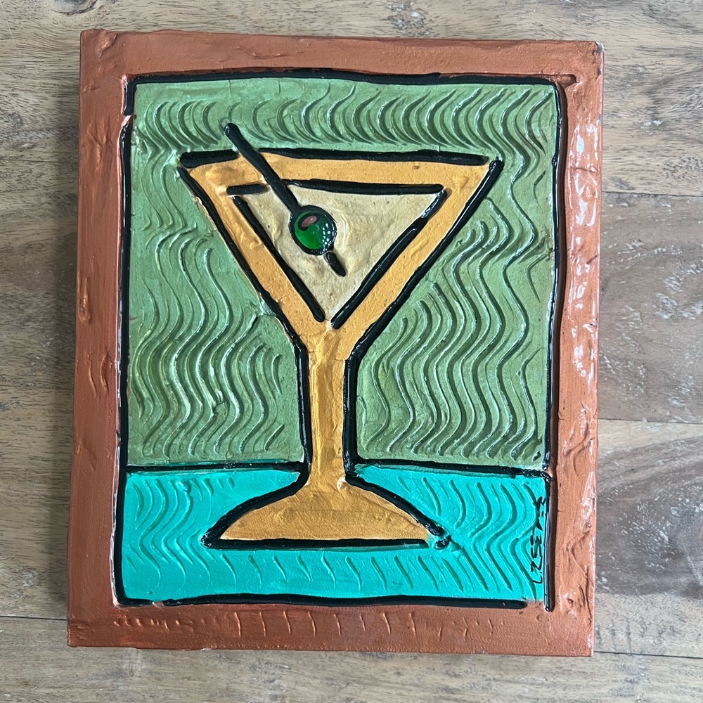 Signed Lynn Reeder Hand Carved and Painted Martini Copper Artwork